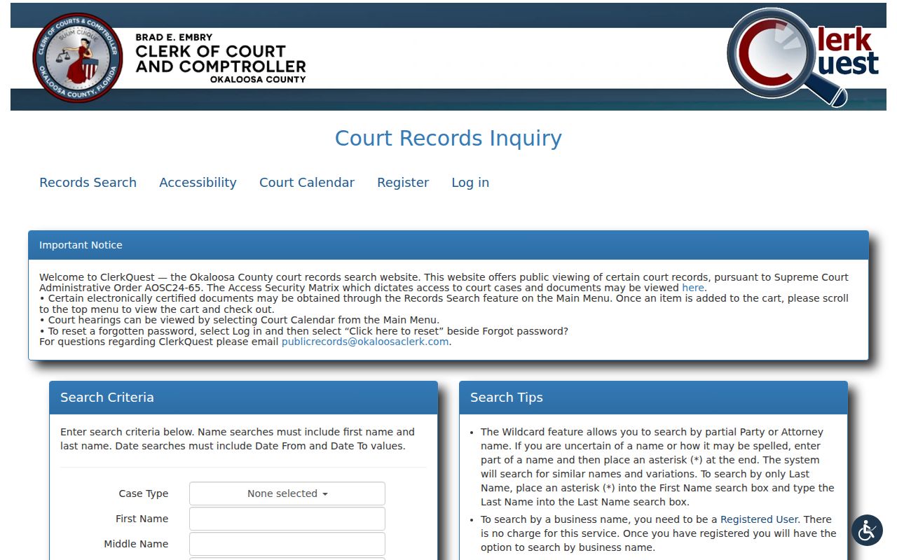 Okaloosa County residents directory ClerkQuest court search