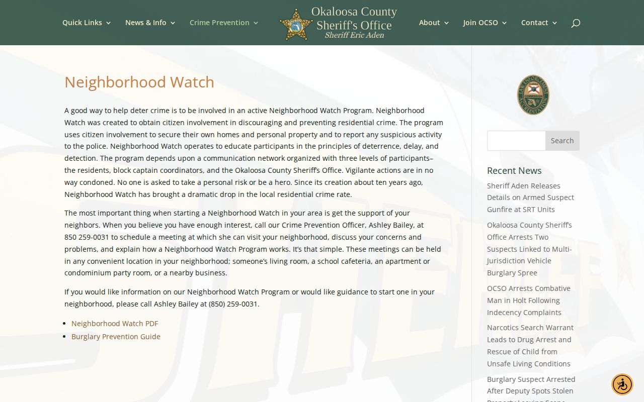 Okaloosa County Sheriff Neighborhood Watch page for local block organizing