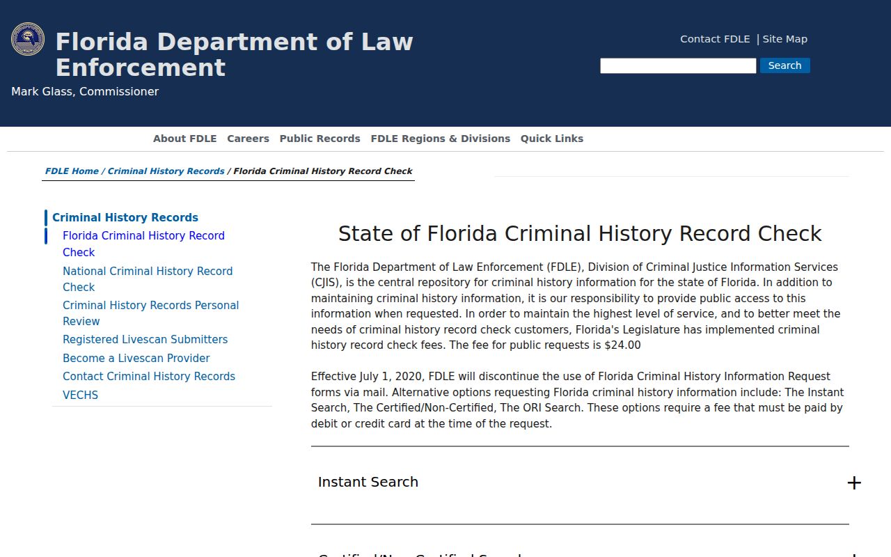 Florida Department of Law Enforcement criminal history search channels