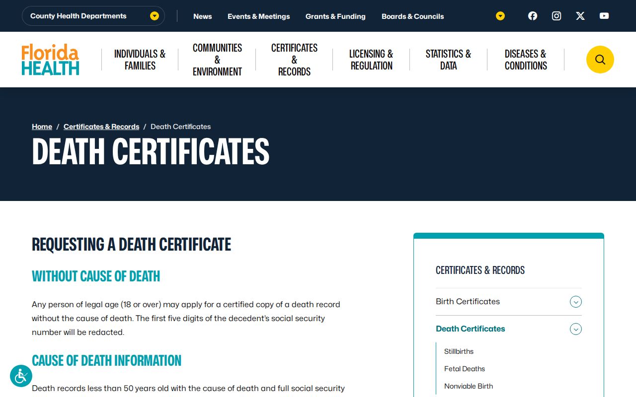 Florida death certificate access rules relevant to historical neighbor research