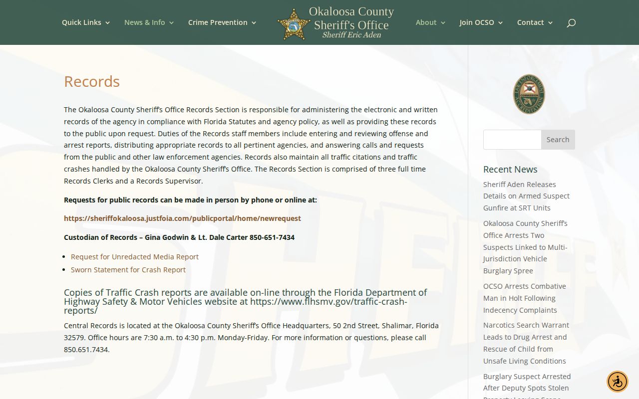 Okaloosa County Sheriff records request information