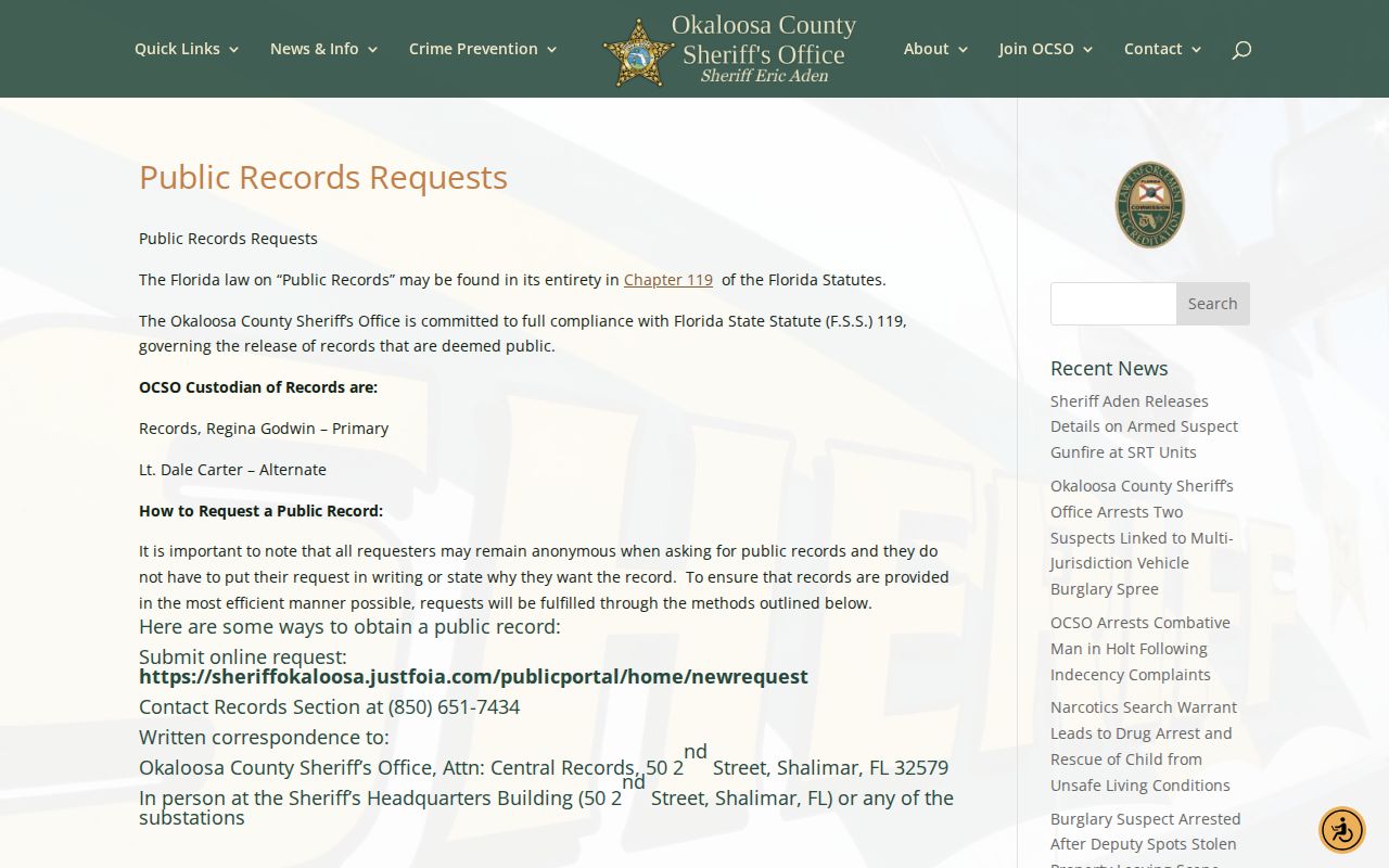 Okaloosa Sheriff public records request rules and access channels