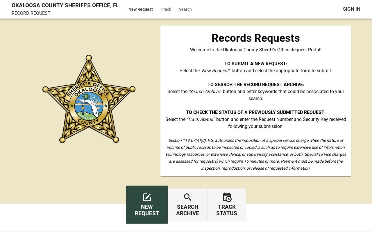 Okaloosa Sheriff JustFOIA online public records request portal