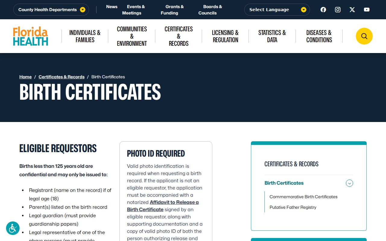 Florida birth certificate access page used to verify a past Okaloosa County resident
