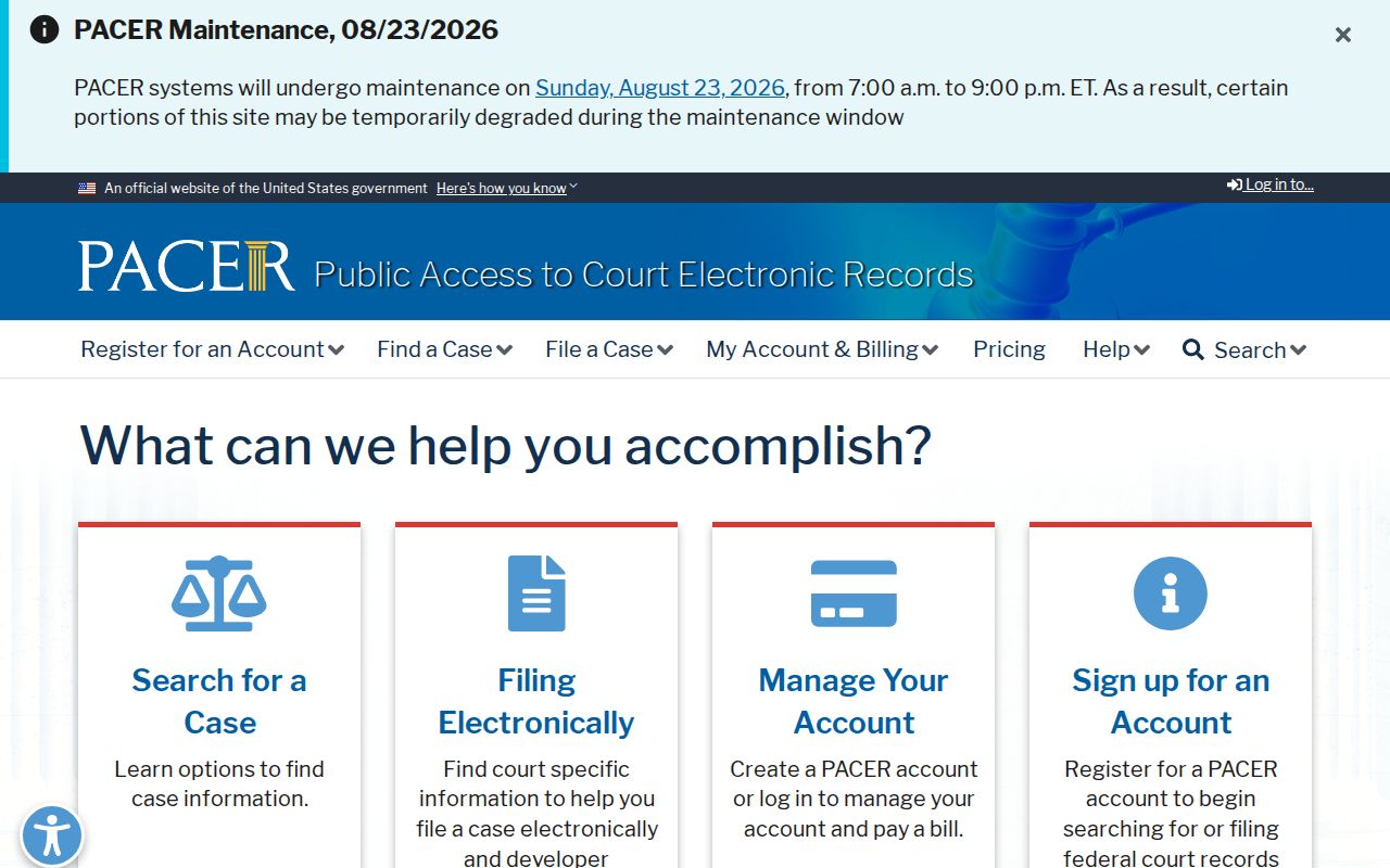 PACER federal court records access page for an Okaloosa County history search