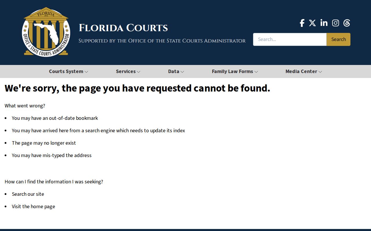 Florida Courts public court record access standards page