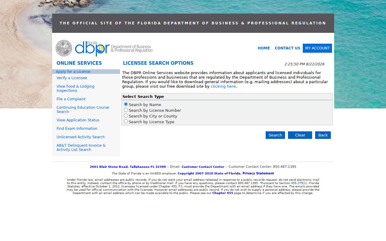 Florida professional license search for confirming an Okaloosa County name