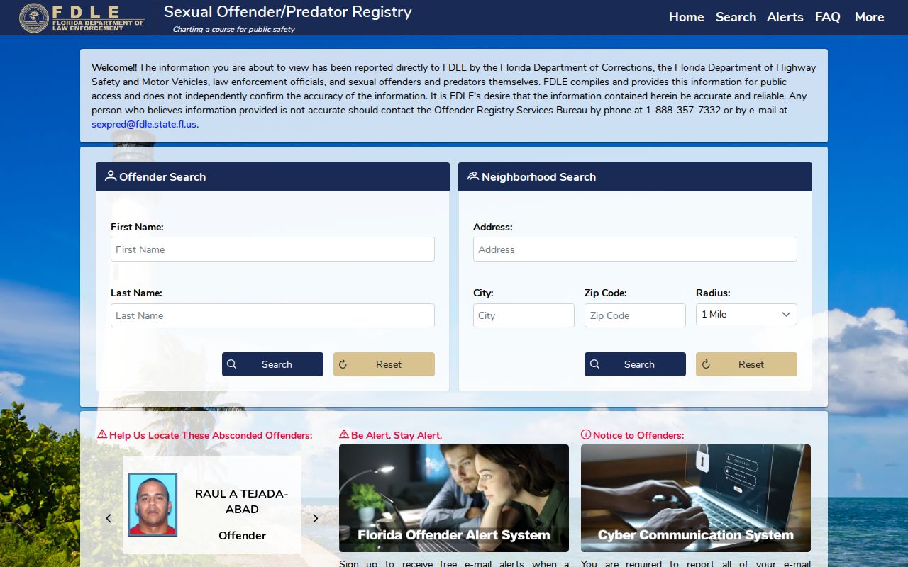 Florida offender registry search used for an Okaloosa County resident lookup