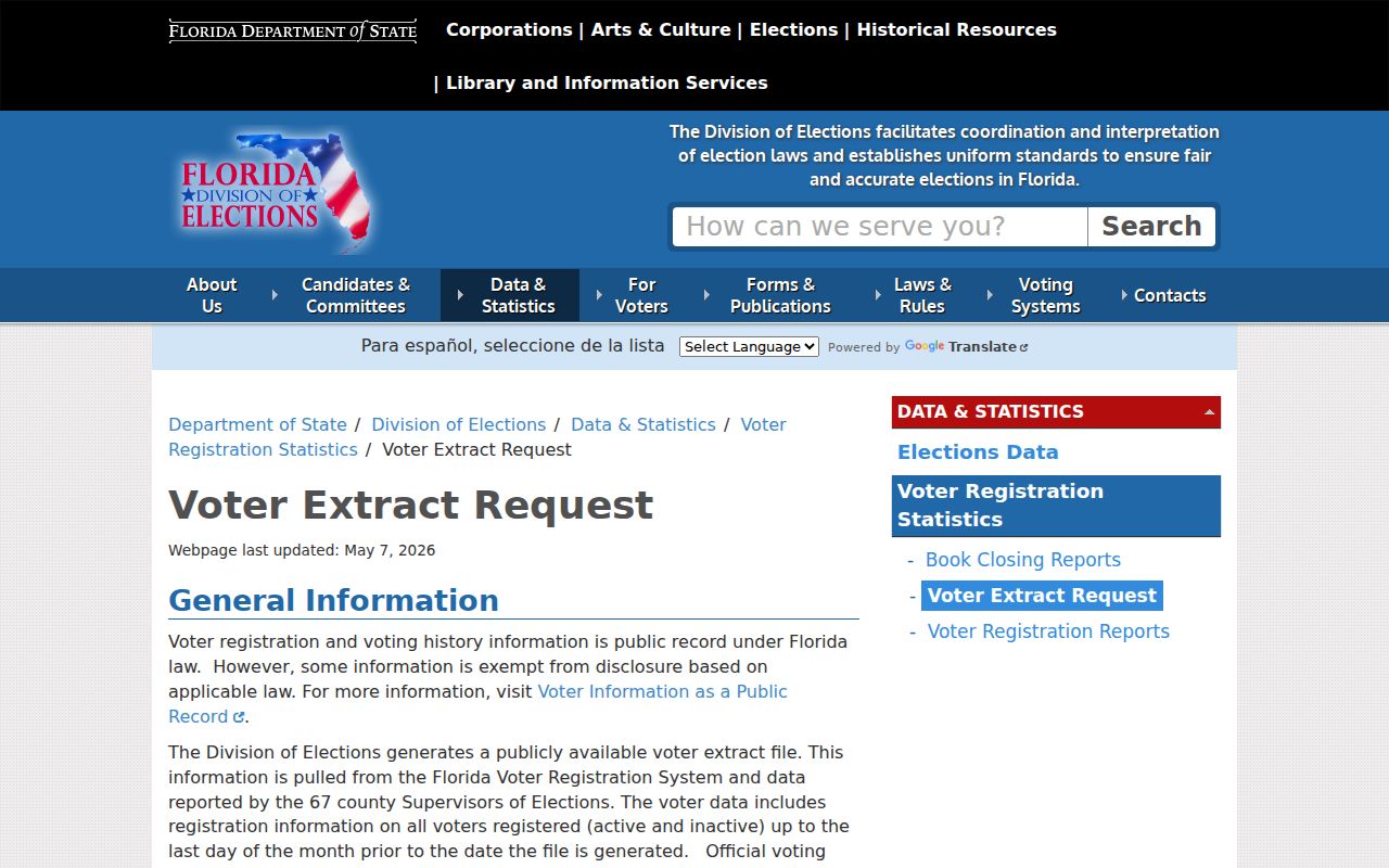 Florida voter extract request page used for Okaloosa County ZIP research